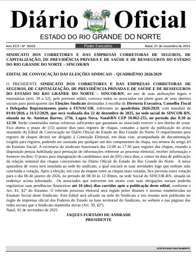PUBLICAÇÃO DO EDITAL DE CONVOCAÇÃO PARA ELEIÇÕES SINDICAIS DO SINCOR RN PARA O QUADRIENIO 2026/2029