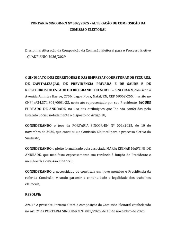 Comunicado Oficial – Alteração na Comissão Eleitoral para a Eleição de 2025